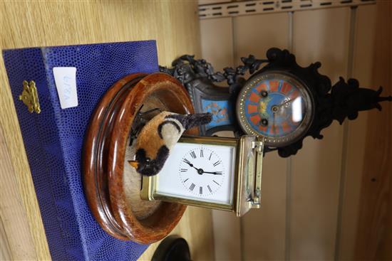 A brass carriage clock, height 11cm, a French mantel clock, a coaster and a Schuco-type robin